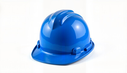 Fototapeta premium Blue hard hat on white background, construction safety symbolism