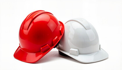 Fototapeta premium Symmetrical red and white hard hats on white background, safety symbolism