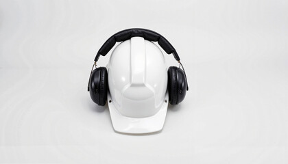 Safety hard hat with earmuffs on white surface, workplace protection