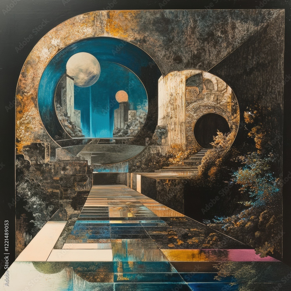 Poster surreal landscape with geometric shapes and celestial bodies in a tranquil setting during twilight h