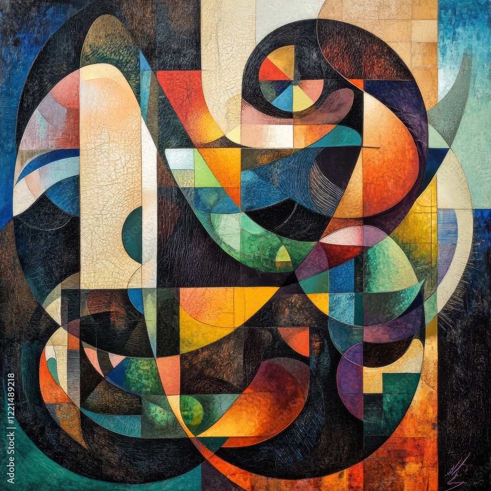Poster colorful abstract composition with geometric shapes blending in harmony on a textured canvas. genera