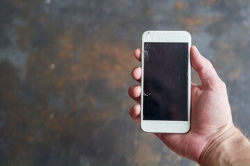 A young man holds a smartphone with a broken screen in his hand on a dark background. Design Mockup