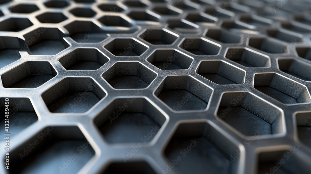 Poster close-up shot of a metallic surface featuring repeating hexagonal patterns