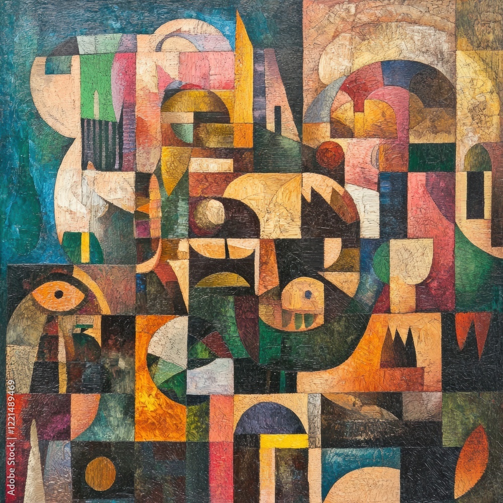 Poster colorful abstract artwork combining geometric shapes and organic forms in a vibrant composition full