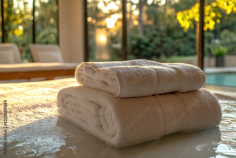 Poster a stack of towels sitting on a table, ready for use