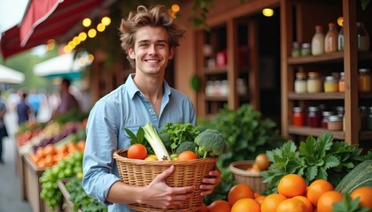 A vibrant indoor market scene features a smiling man with a beard in a blue shirt,holding a basket of fresh vegetables.Colorful fruits and vegetables line wooden shelves, creating a lively atmosphere