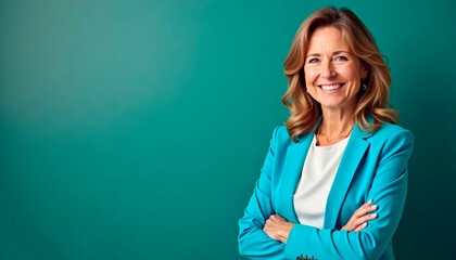 Confident Businesswoman in Turquoise Blazer - Professional Portrait on Teal Background