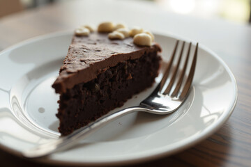Chocolate cake slice with fork on white plate