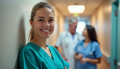female doctor standing in hospital. Teamwork and Positivity Among Healthcare Professionals in a Hospital Corridor