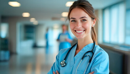 female doctor standing in hospital. Teamwork and Positivity Among Healthcare Professionals in a Hospital Corridor