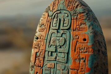 Ancient stone artifact with intricate Mayan glyphs, weathered patina showing age and history.