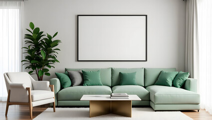 Mockup. Modern Minimalist Living Room with Light Green Sofa and Elegant Decor