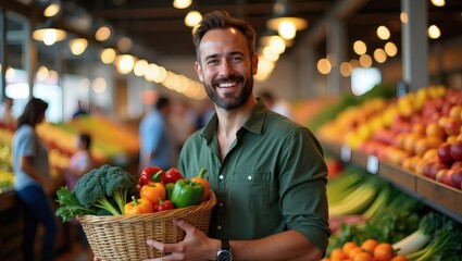 A vibrant indoor market scene features a smiling man with a beard in a green shirt,holding a basket of fresh vegetables.Colorful fruits and vegetables line wooden shelves, creating a lively atmosphere
