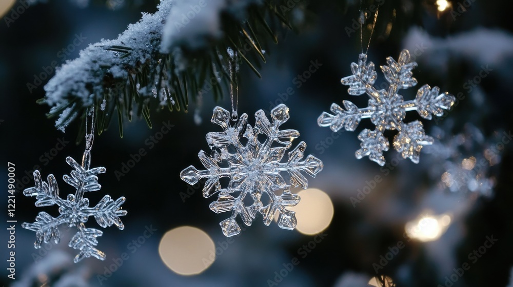 Poster crystal snowflakes on snowy pine branch with soft bokeh background