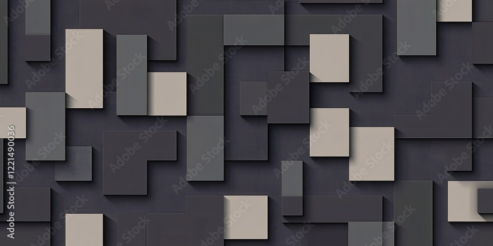 Poster geometric shapes in shades of gray and beige overlapping on a dark background, creating a three dime
