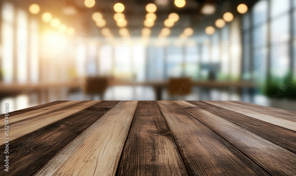 Poster a rustic wooden table with varying wood tones against a blurred office setting bathed in warm sunlig