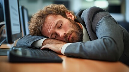 Exhausted professional overwhelmed by work stress asleep on desk in office environment