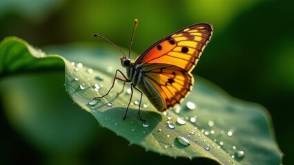 Obraz premium Macro photography of an orange butterfly with dew drops on a green leaf 