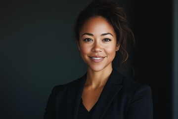 Fototapeta premium Woman wearing a black suit standing in a black office, confident expression