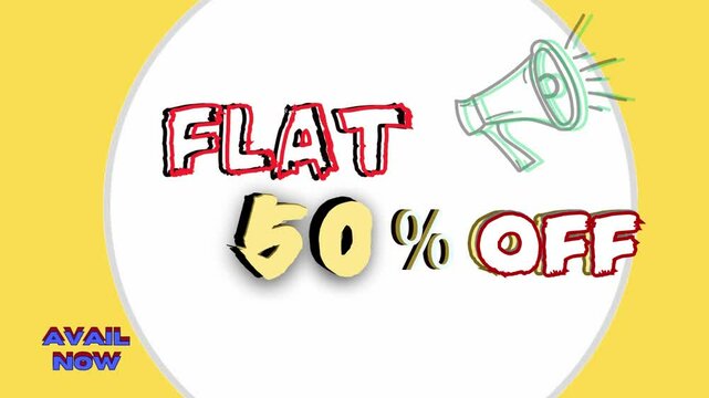 flat fifty off animated text video on bright yellow background  with blinking speaker icon