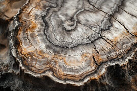 Close-up of petrified wood showcasing intricate patterns and textures of fossilized tree rings.
