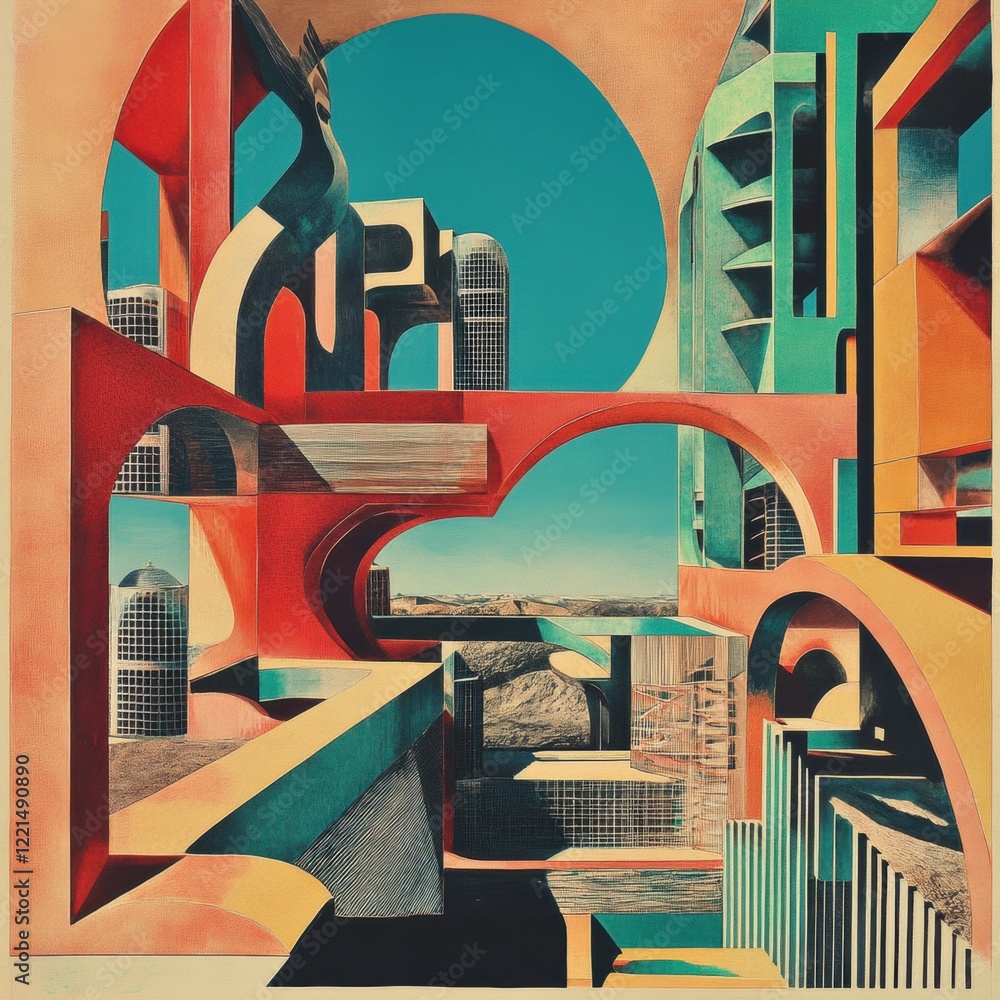Poster colorful abstract architecture with geometric shapes in a surreal landscape under a blue sky. genera