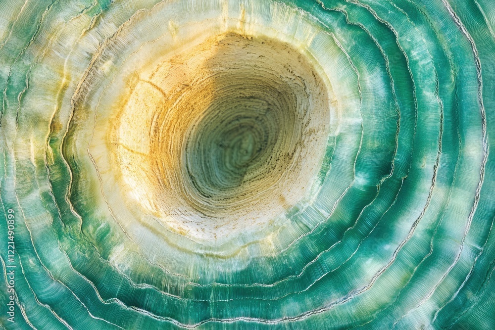 Poster abstract concentric circles in teal and beige, resembling geological formations or a cross-section o