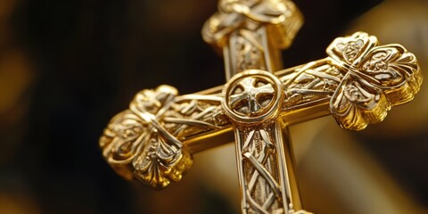 A golden cross adorned with intricate patterns and details, suitable for various contexts where faith or spirituality is involved