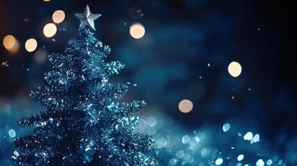 Naklejka premium Sparkling christmas tree with star topper against blurred lights in night scene