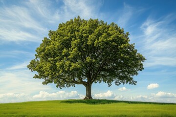 Fototapeta premium Majestic tree with a green crown in a wide grassy meadow