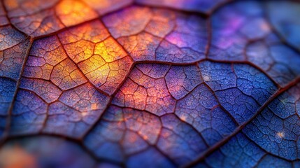 Fototapeta premium Illuminated leaf vein texture, close-up, autumn, background blur, design