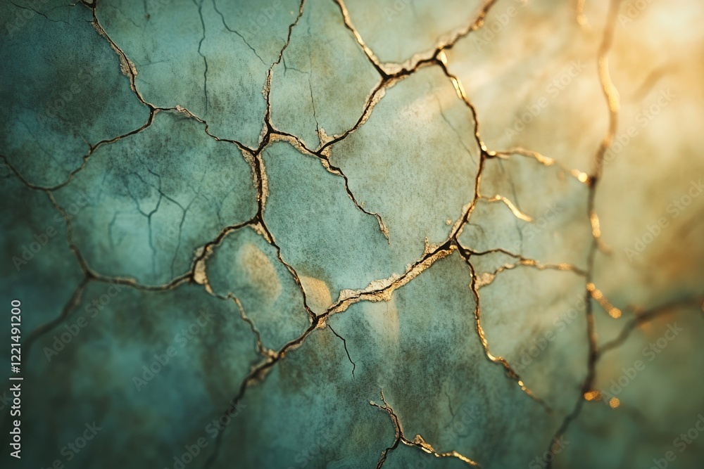 Poster close-up of a teal surface with intricate crack patterns, illuminated by warm sunlight, creating a s
