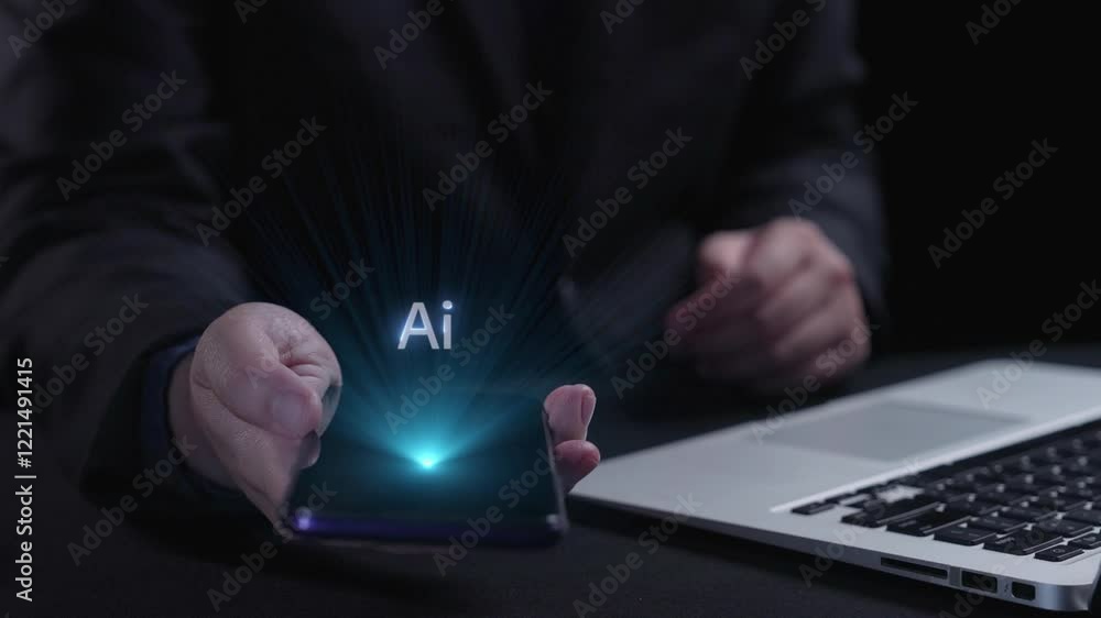 Poster human interact with ai artificial intelligence virtual assistant chatbot in concept of ai artificial