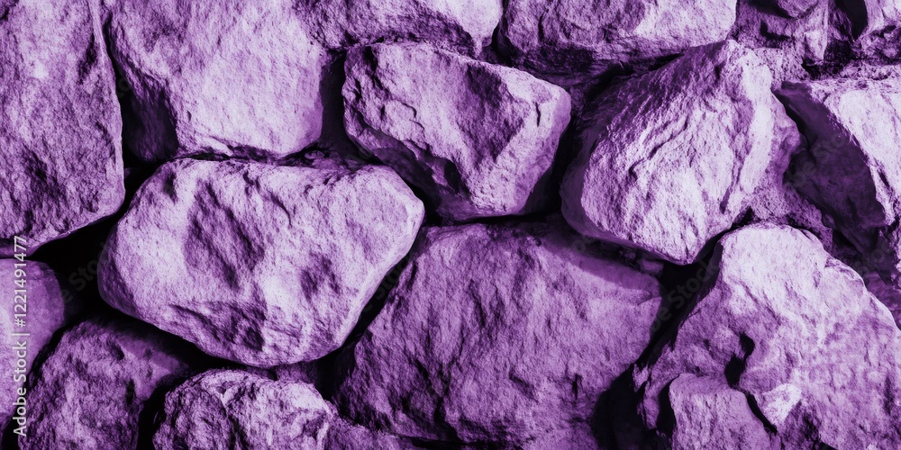 Poster close up view of purple rocks creating a rugged and textured stone wall, suitable for backgrounds an