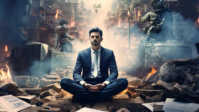 A focused entrepreneur meditates amidst the chaos of a crumbling city, finding peace and clarity in a moment of stillness during an uncertain time