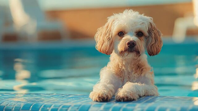 A small dog lounges by the edge of a shimmering pool, soaking up the sun in a serene outdoor environment