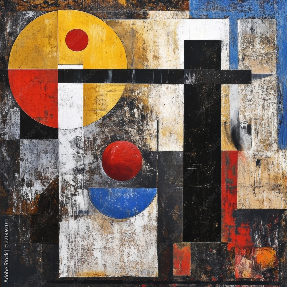 Poster abstract geometric composition featuring bold colors and shapes created on a textured canvas in a mo