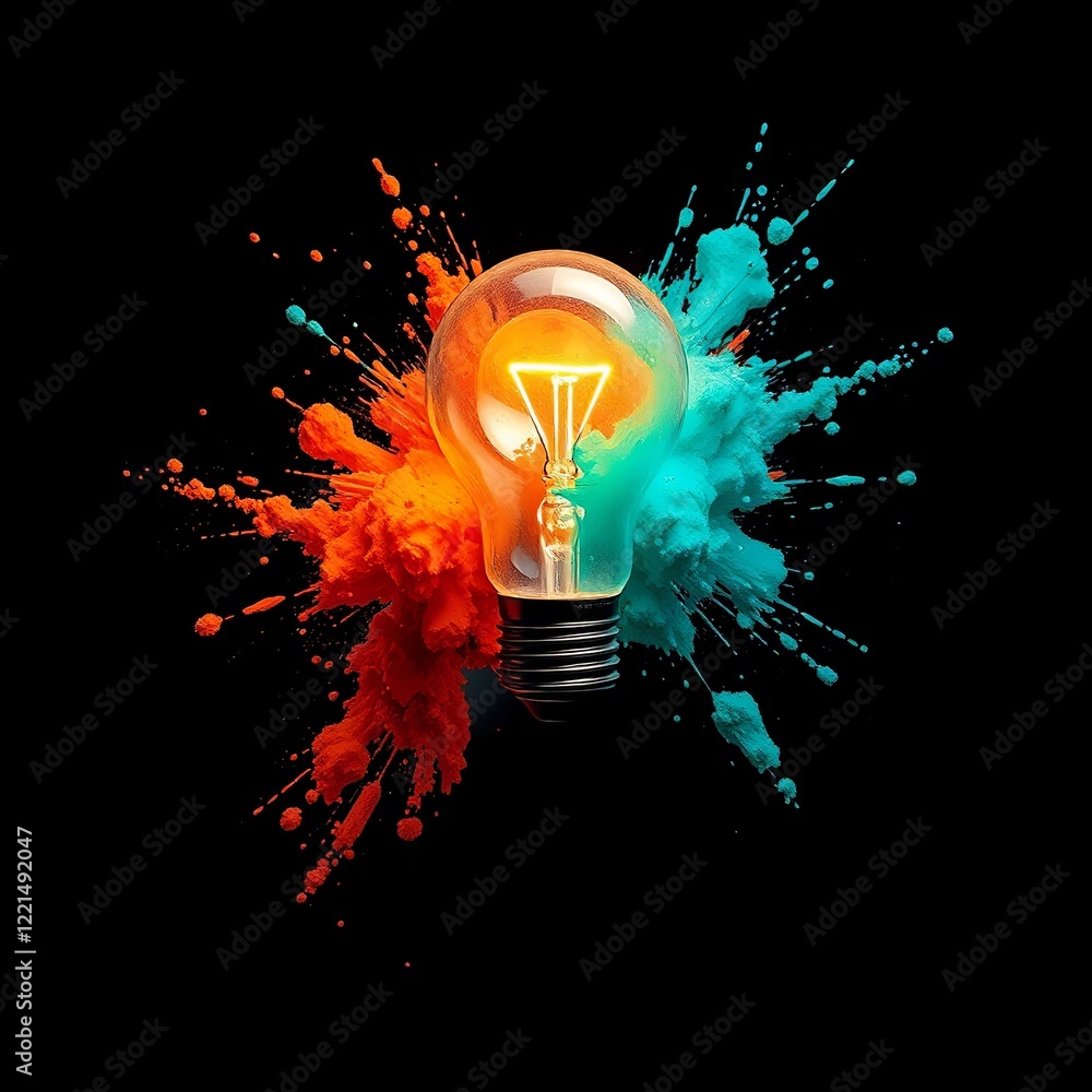 Aufkleber creative light bulb explodes with colorful paint and splashes on a black background. think different