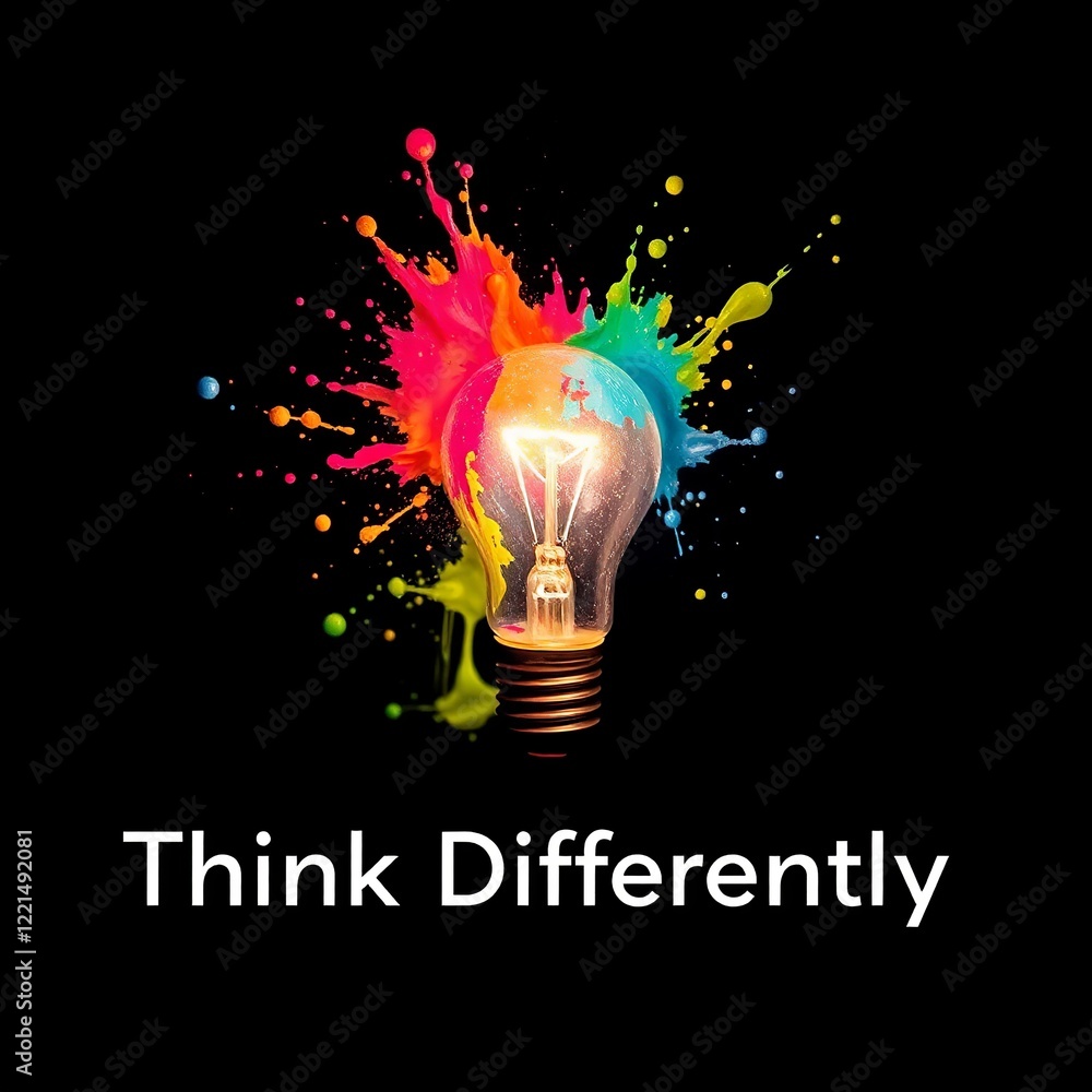 Poster creative light bulb explodes with colorful paint and splashes on a black background. think different