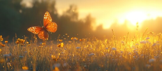 Breathtaking butterfly amid a vibrant floral meadow bathed in the enchanting glow of a stunning sunset  The image captures the natural beauty and serene tranquility of the outdoor environment