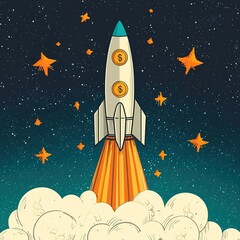 A colorful rocket launches into space, surrounded by stars and clouds, symbolizing innovation and financial growth.