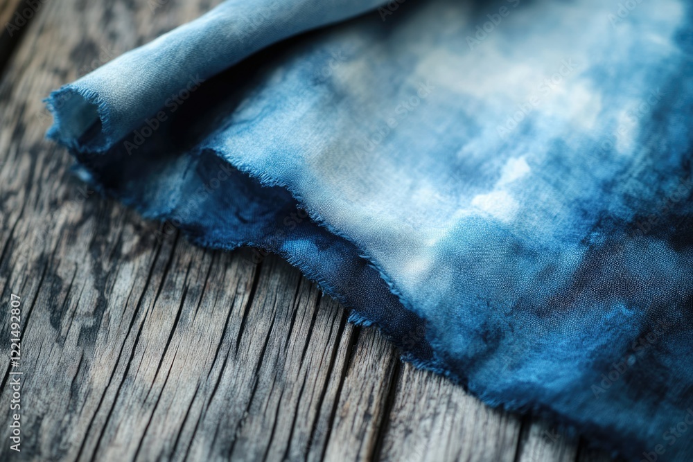 Poster indigo dyed fabric with raw edges rests on rustic wood, showcasing its unique texture and color vari