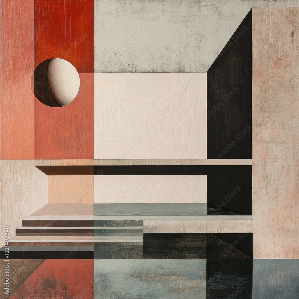 Poster abstract geometric composition featuring a circular shape and textured surfaces in warm tones. gener
