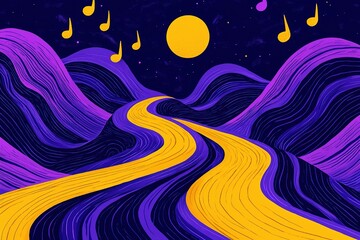 A vibrant, abstract landscape featuring rolling hills, a winding road, and musical notes against a night sky with a prominent sun.