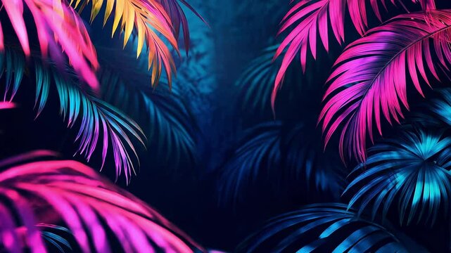 A display of tropical plants leaves glowing with bright neon colors, showcasing nature beauty after dark