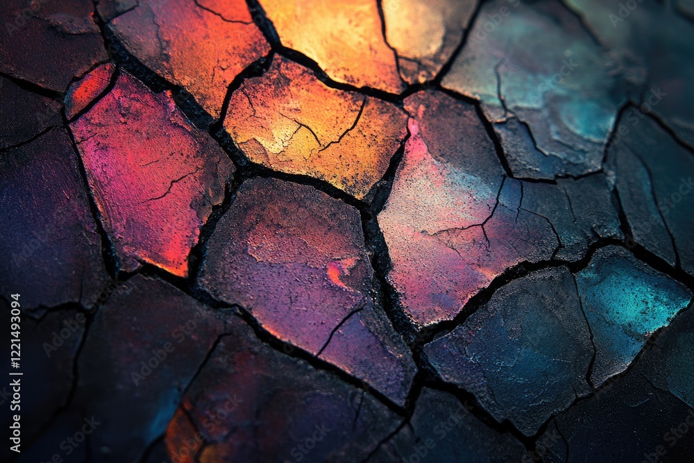 Poster abstract cracked surface with vibrant iridescent colors, creating a mesmerizing texture.