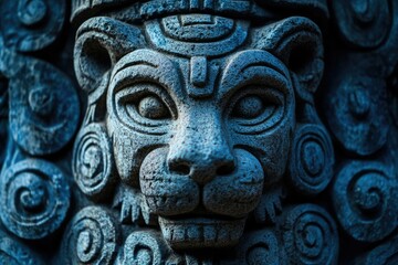 Intricate stone carving of a feline face, possibly a lion, adorned with Mayan-style patterns.
