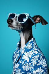 A charming portrait of an Italian Greyhound dressed in a blue floral shirt and white sunglasses, exuding style and ready for a disco night against a blue backdrop.
