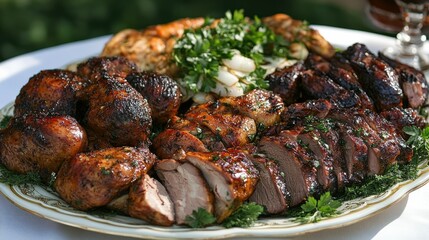 Grilled meat platter with herbs and onions
