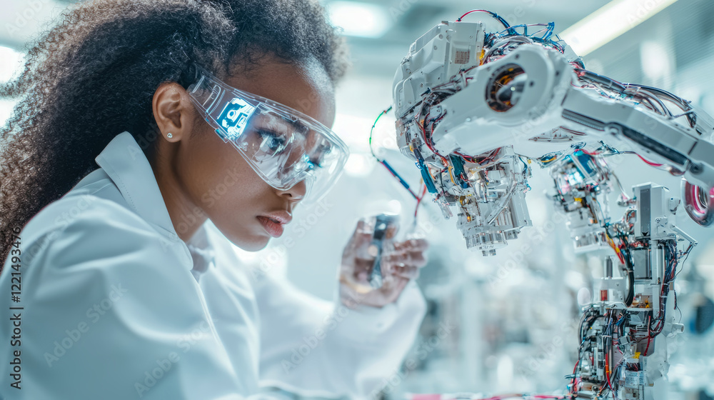 Poster technician examining advanced robotic arm: a close-up of a female scientist working on a complex mac